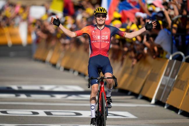 Spain’s Carlos Rodriguez crosses the finish line Saturday to win the 14th stage of the Tour de France in Morzine Les Portes du Soleil. (Daniel Cole / ASSOCIATED PRESS)